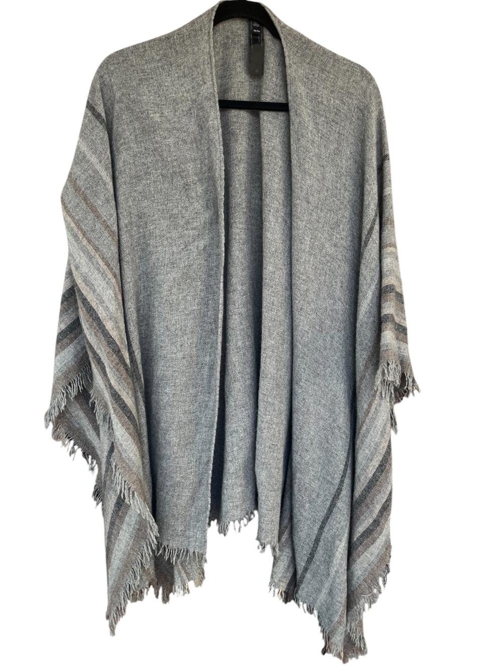 EILEEN FISHER Gray Striped Fringe Wool Blend Shawl Poncho Wrap OS